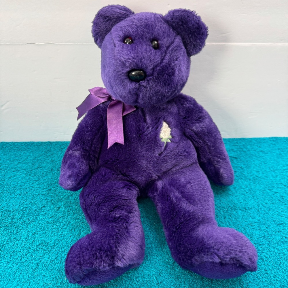 Ty Beanie Buddies Princess Diana Memorial Bear Purple Plush White Rose 14 inch
